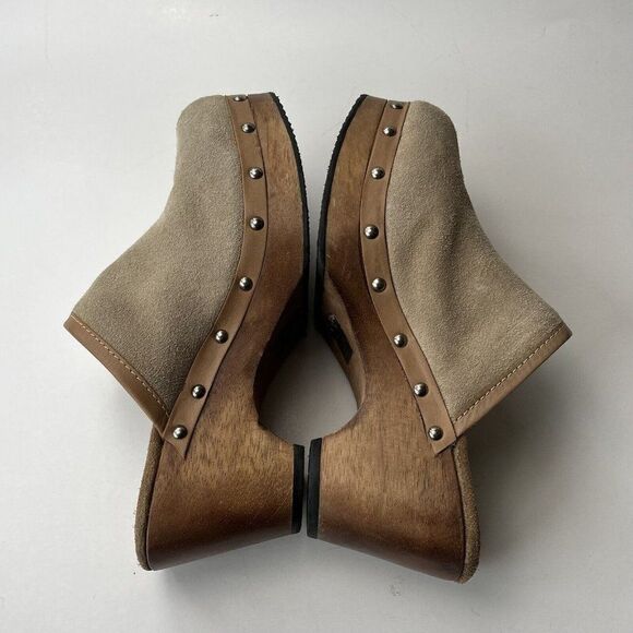 Vintage Y2K Candie’s Suede Leather Wood Clogs Mule Beige Platform Hippie Boho 6 - Picture 5 of 8
